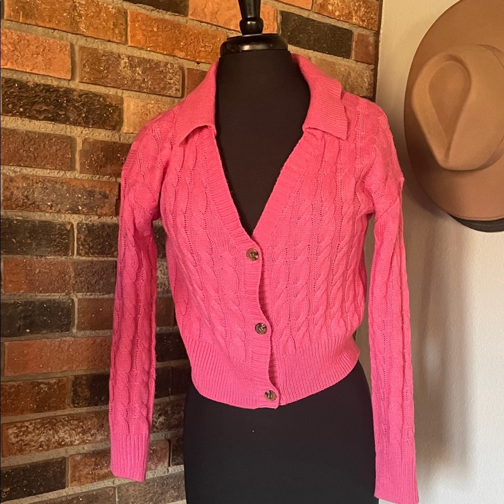 New Candy Pink Cable Knit Cropped Cardigan Collared Sweater 3S43606 Small
